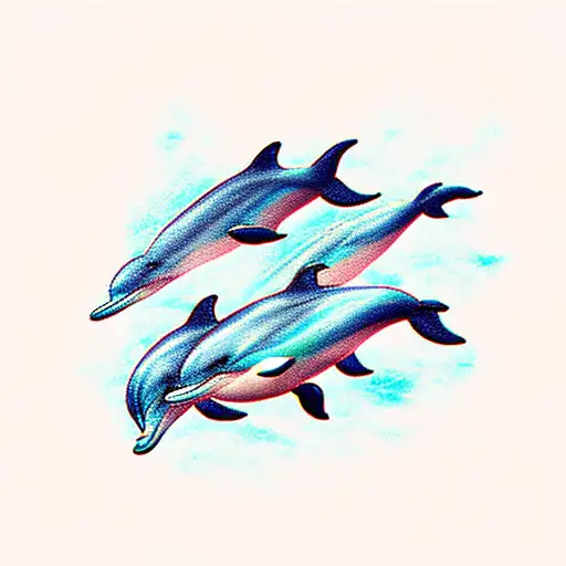 Three Dolphins Jumping With Sunset In Background In Color