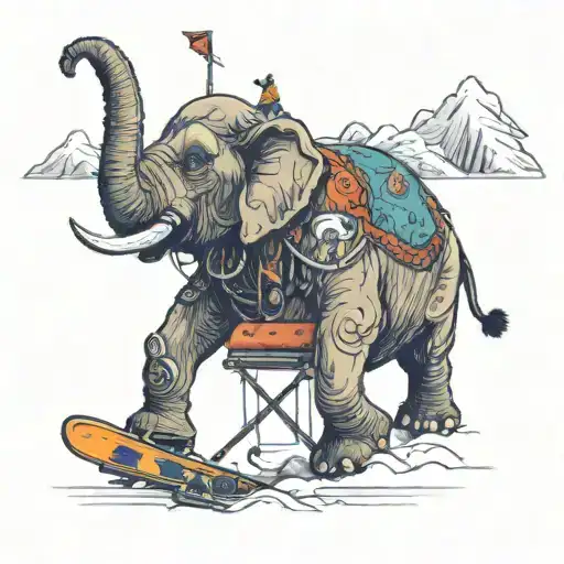 Elephant Dj On Mountain With Skiers Riding Up A Chair