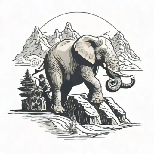 Elephant Dj On Mountain With Skiers Riding Up A Chair