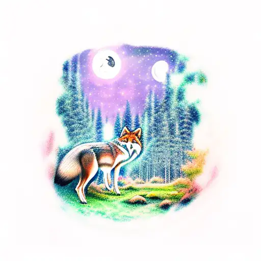 A Serene Forest At Night With A Wolf And A Fox Gazing At The Stars