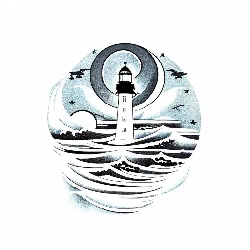 Light House With Moon And Waves Thick Lines