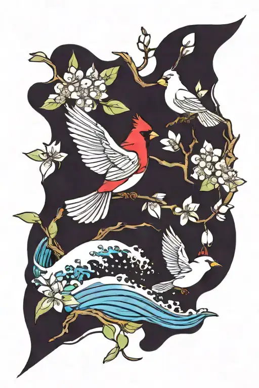 Cherry Blossoms Waves Cardinal Flying