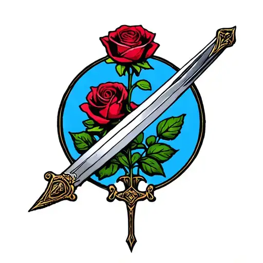 Sword With A Rose In A Circle Tattoo Design