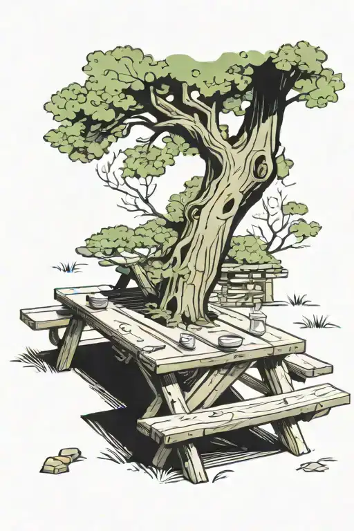 Picnic Table With An Oak Tree Behind It