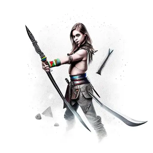 Slim Curvy Female Rogue Warrior Holding Two Daggers In Battle Pose
