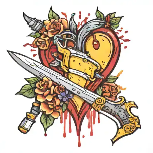 Broken Heart With A Dagger And Bleeding Flowers In Color