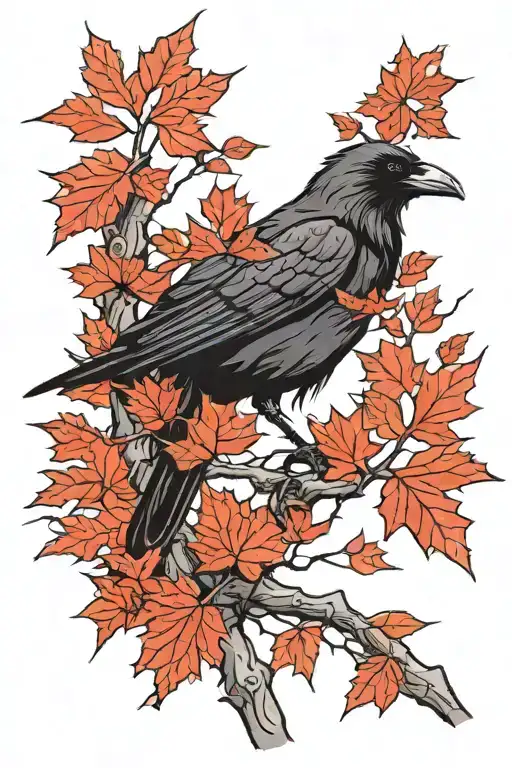 Raven In A Tree With Red Maple Leaves