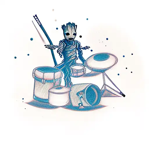 A Baby Groot Playing A Drum Set