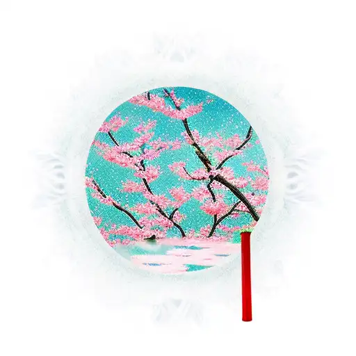 Japanese Pond With Cherry Blossoms Refelcted In Water