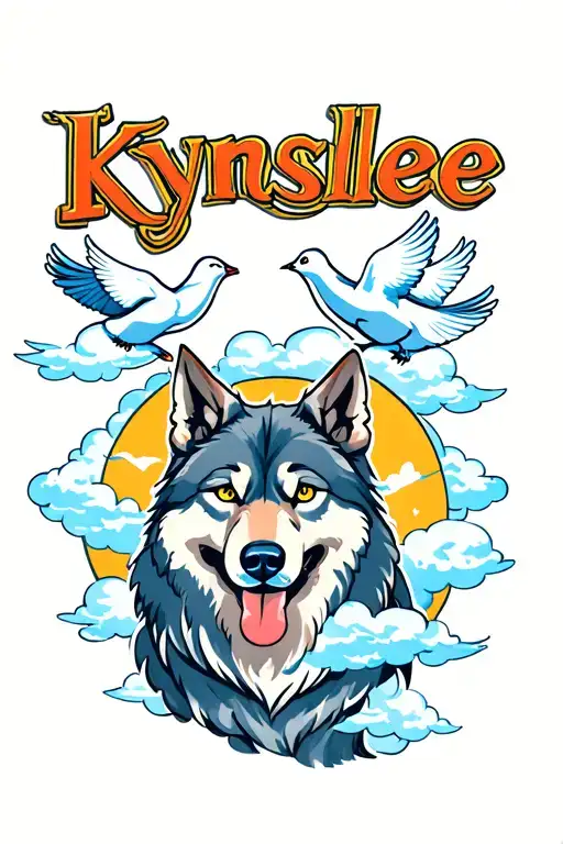 Kynslee Name And Doves In Clouds And A Wolf Look Back