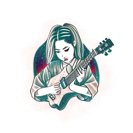 A Grunge-inspired Tattoo Of A Girl Playing A Guitar In A Japanese Kimono