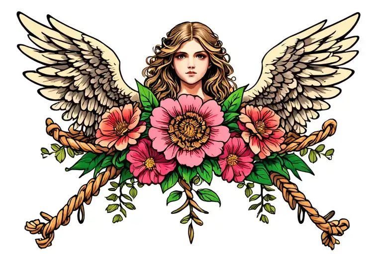 Angel Wings Intertwined With Rope And Flowers