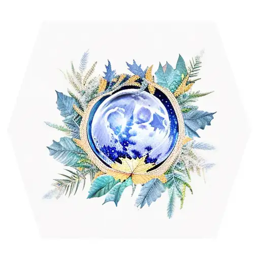 Blue Waxing Moon With Leaf Wreath