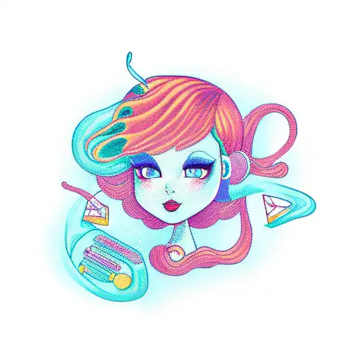 Full Body Pretty Music Siren With Red Hair And Tattoos Teal Background