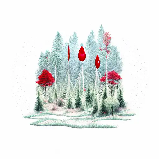 A Stylized Forest Landscape With A Blood Drop Symbolizing Blood Donation