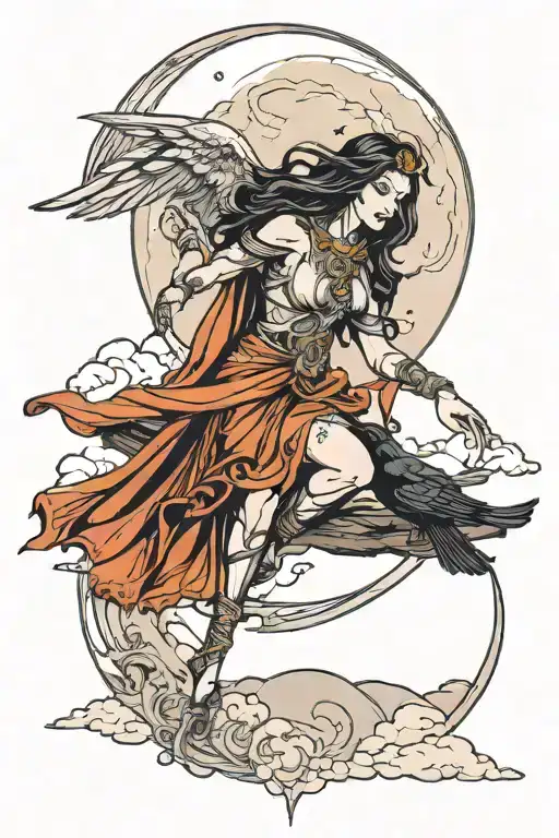 Wisdom Goddess Full Body Standing Moon Rising Crow