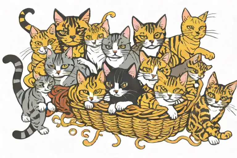 A New-school Design Of A Basket Overflowing With Different Types Of Cats In Various Poses