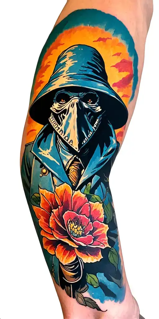 A Plague Doctor Themed Sleeve That Uses Bright Colors With The Plague Doctor Facing The Side