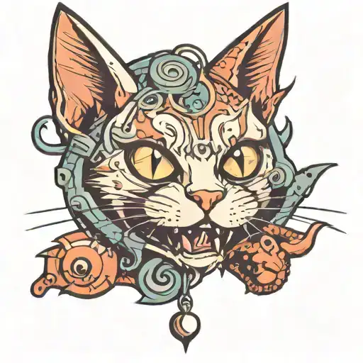 Cat Head With Tongue Hanging Out With Piercings In Rock Style