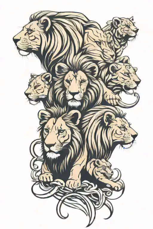 Lion And 4 Lion Cubs