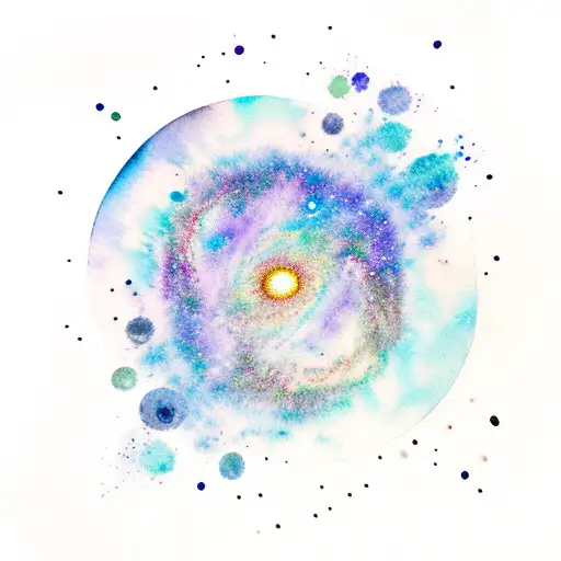 A Watercolor Tattoo Of A Galaxy With Swirling Planets And Constellations