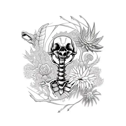 A Blackwork Tattoo Of A Dinosaur Skeleton Surrounded By Exotic Plants