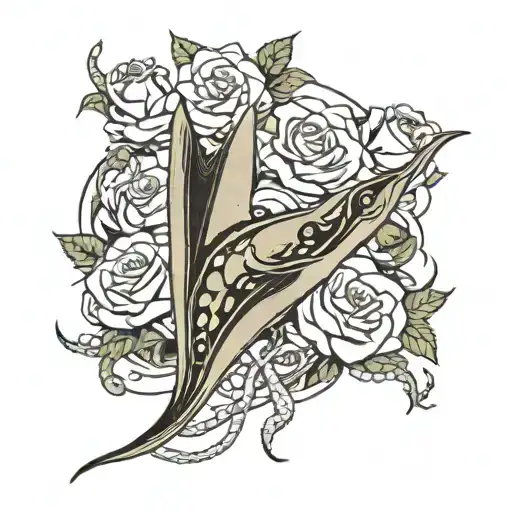 Manta Ray Swimming With Boa Snake And Surrounded By Intertwined White Roses