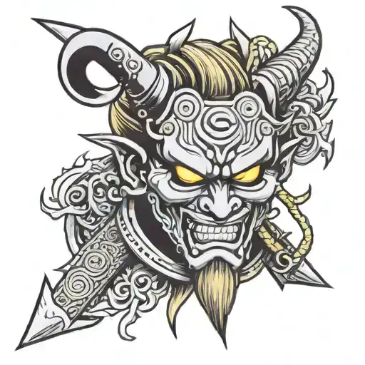 A Mystical Oni Mask With A Samurai Sword Wrapped In Dragon Coils