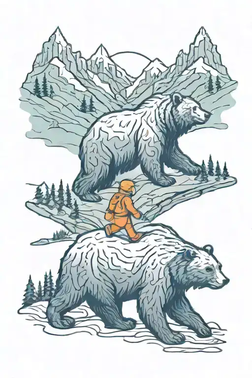 Bear And Human Walking Into Mountains And Wilderness