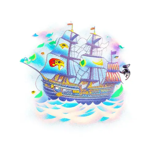 A Pirate Ship Sailing On Rough Seas Surrounded By A School Of Colorful Fish