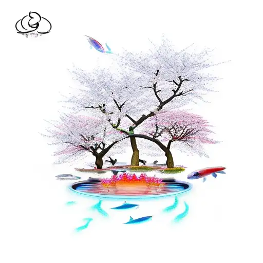 Sun Rays With Cherry Blossom Trees With Koi Fish Pond