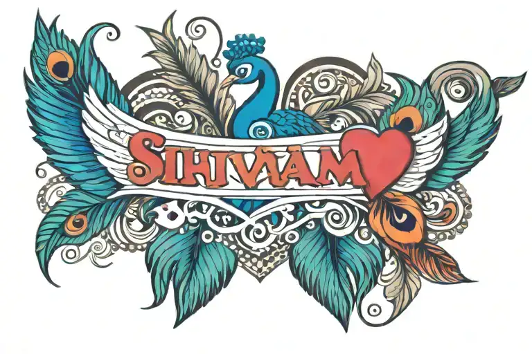 Shivam And Chika Name With Flute And Peacock Feather With Three Small Heart