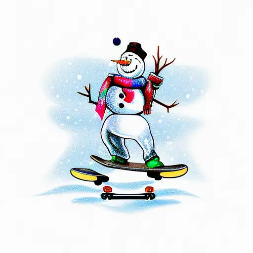 Snowman Cartoon Riding A Skateboard