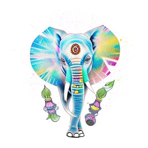A Vibrant New-school Tattoo Design Of A Dancing Elephant Surrounded By Daffodils And Jewels
