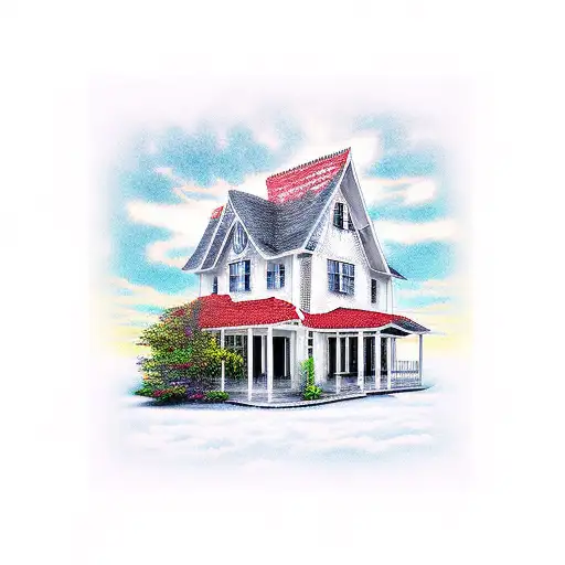 A Sunset With A White Two Story Farmhouse With Black Shutters