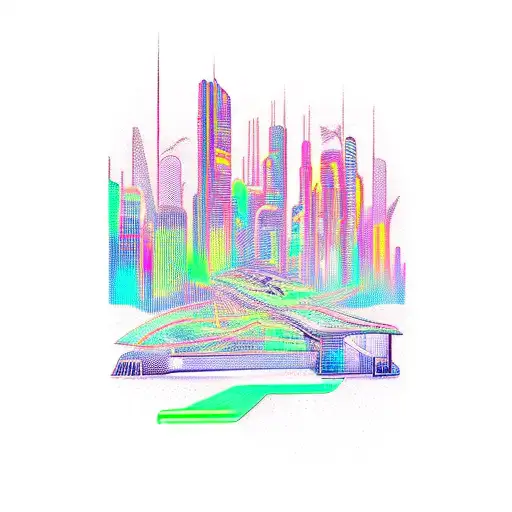 A Futuristic Tattoo Design Depicting A Cyberpunk Cityscape And Neon Lights