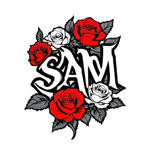 The Word Sam With Roses Intertwined Black White And Red