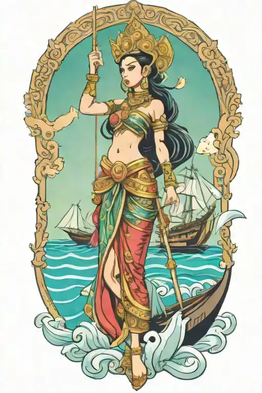 Thai Goddess Warrior Incorporate Sail Boat In The Background