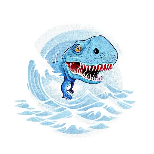 A Blue Tyrannosaurus Surfing On Waves With A Small Dog On Its Back