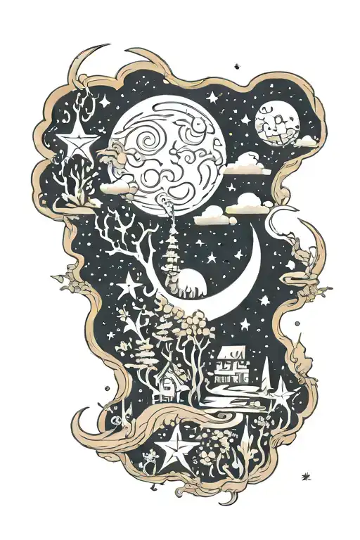 A New-school Moon And Stars Design Incorporated Into A Nature Scene