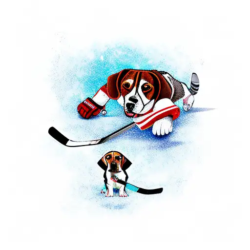 A Beagle Playing Ice Hockey With A Cat Goalie