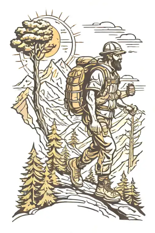 Hiker In The Mountains And Trees And Sun
