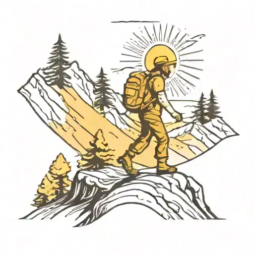 Hiker Far Away In The Mountains And Trees And Sun