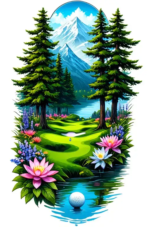 Mystical Golf Course Landscape With Golf Ball Mountain Flowers Pine Trees Water Lily Larkspur