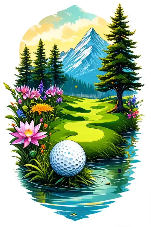 Mystical Golf Course Landscape With Golf Ball Mountain Flowers Pine Trees Water Lily Larkspur