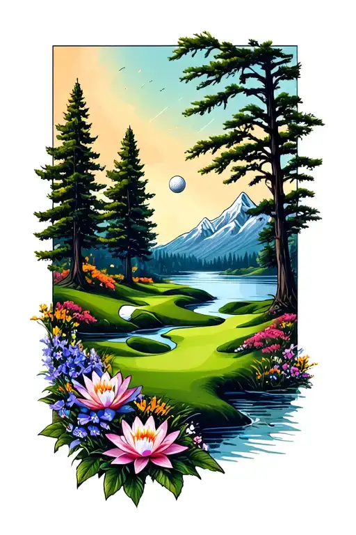 Mystical Golf Course Landscape With Golf Ball Mountain Flowers Pine Trees Water Lily Larkspur