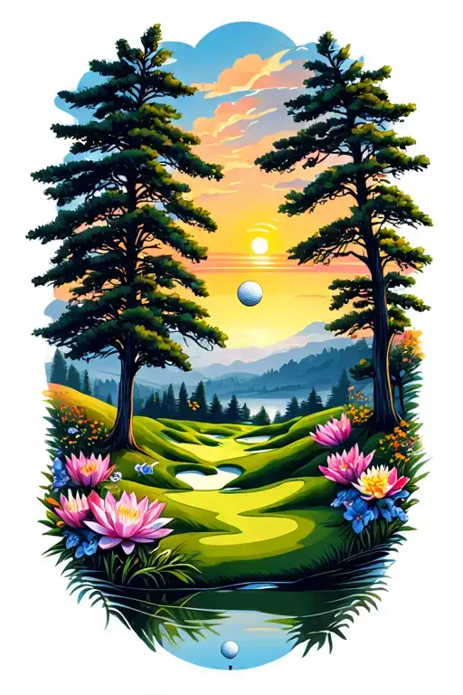 Golf Course Landscape With Golf Ball Rolling Hills Flowers Pine Trees Water Lily Larkspur Sunset