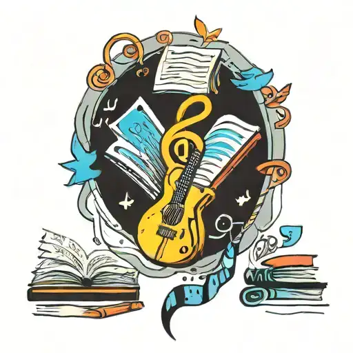 A New-school Tattoo Of A Colorful Palette With Music Notes And Book Pages Flying Off