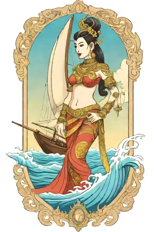 Thai Goddess Warrior Incorporate Sail Boat In The Background