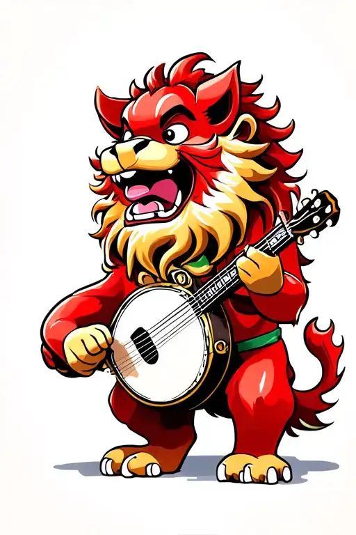 Red Chinese Lion Playing The Banjo